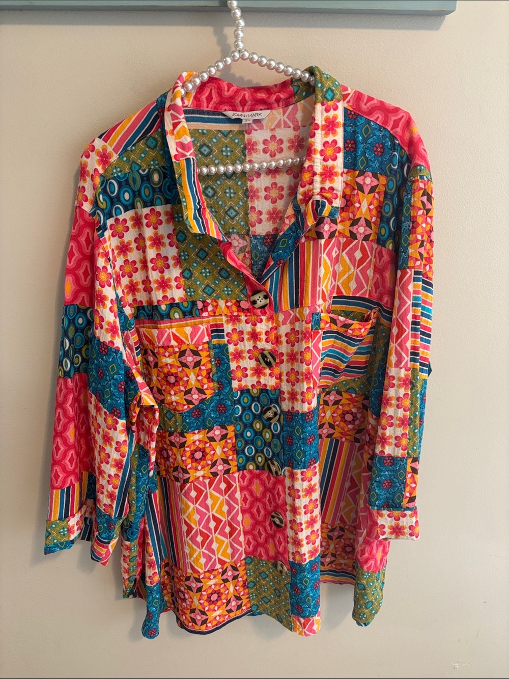 John Mark Plus 2X Patchwork Button Down Shirt Rayon Nylon Colorful Boho